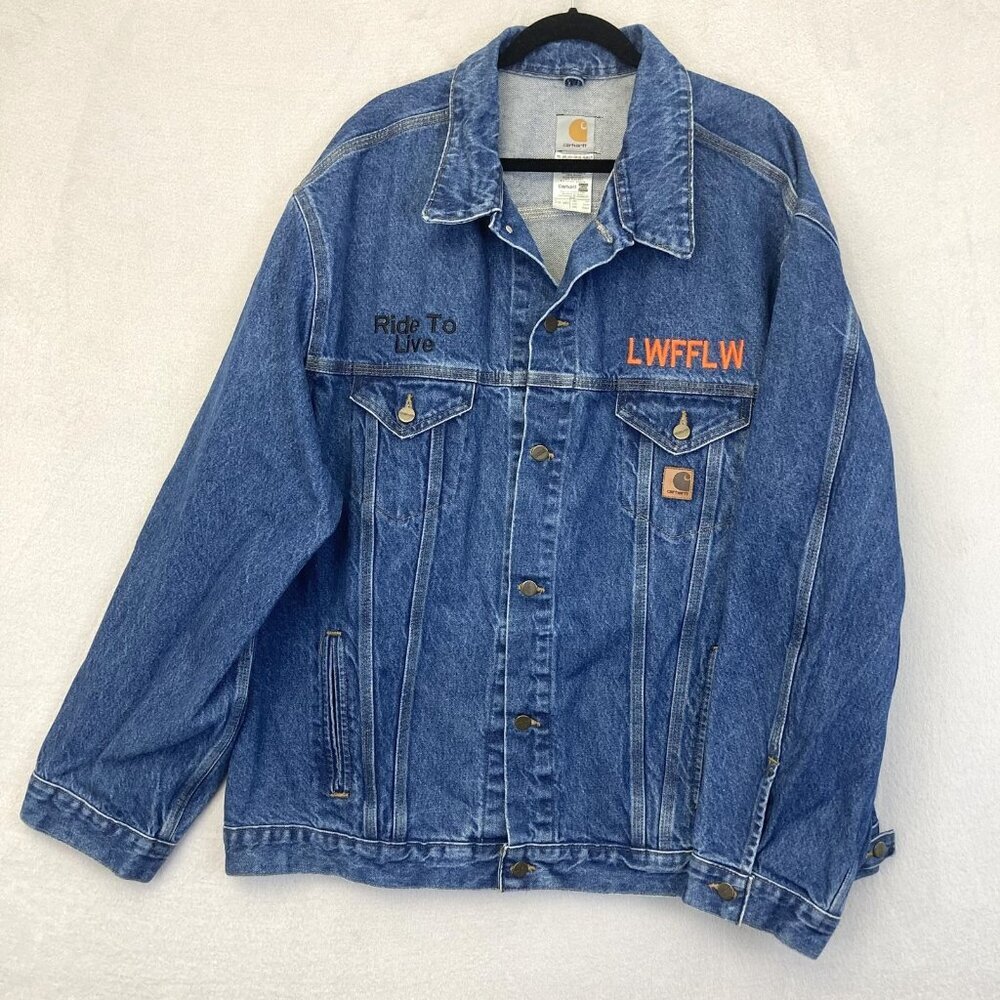 Vintage 90s Carhartt Denim Biker Jacket Mens 3XL Tall Hell On Wheels USA J12 DST